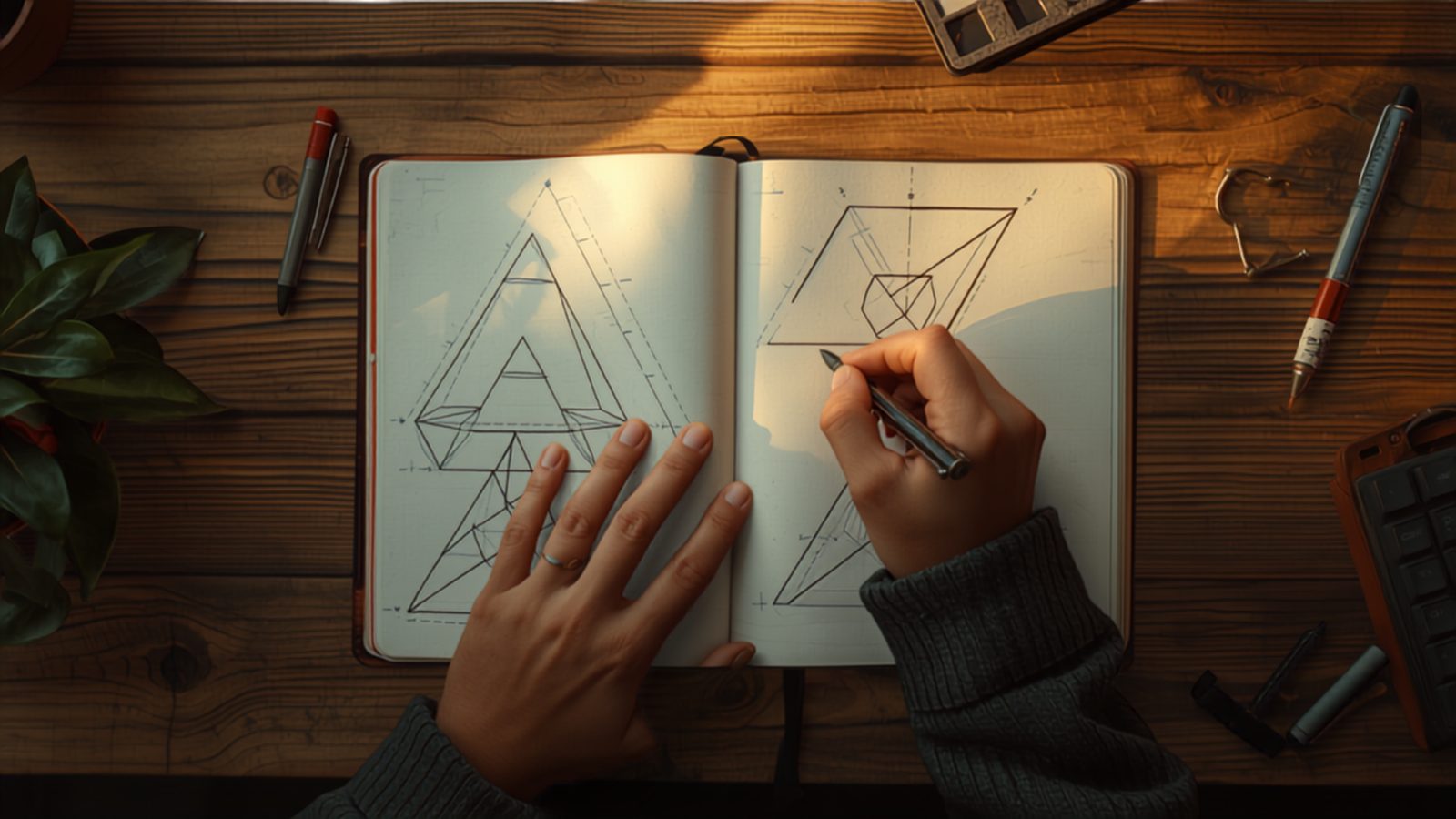 Overhead view of hands sketching interlocking geometric shapes in a notebook on a wooden desk, representing non-verbal logical reasoning