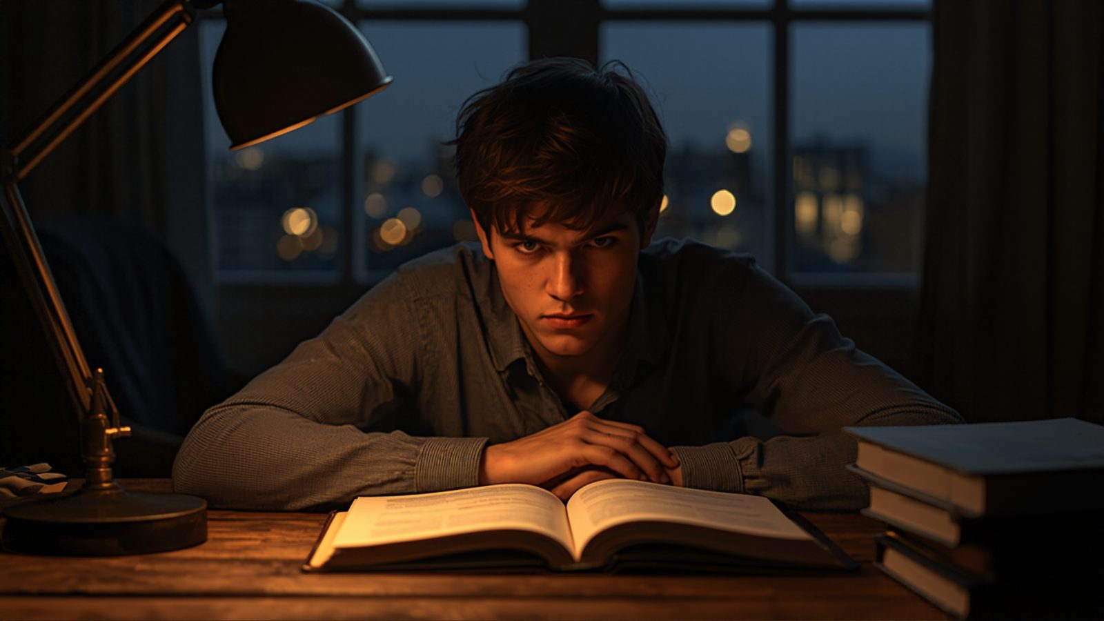 A young man leaning over an open textbook at a wooden desk late at night, lit by a single desk lamp, with blurred city lights through the window behind him