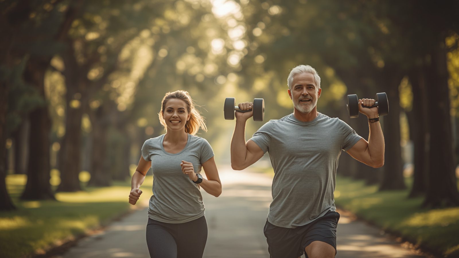 A middle-aged man lifting dumbbells overhead and a younger woman jogging beside him on a tree-lined park path in soft early-morning light