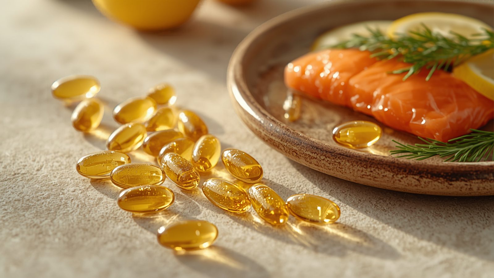 Golden omega-3 fish oil softgel capsules scattered across a pale stone counter beside a ceramic plate holding a salmon fillet with dill and lemon, in warm side light