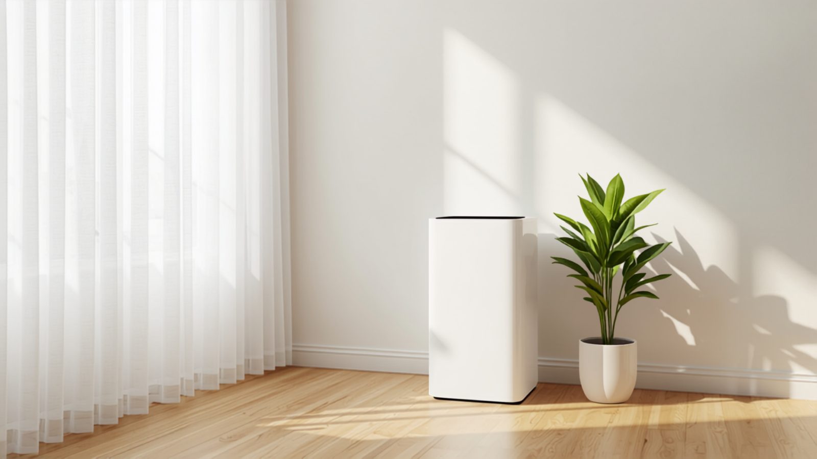 A plain white HEPA air purifier standing in a sunlit living room beside a potted plant, representing improved indoor air quality