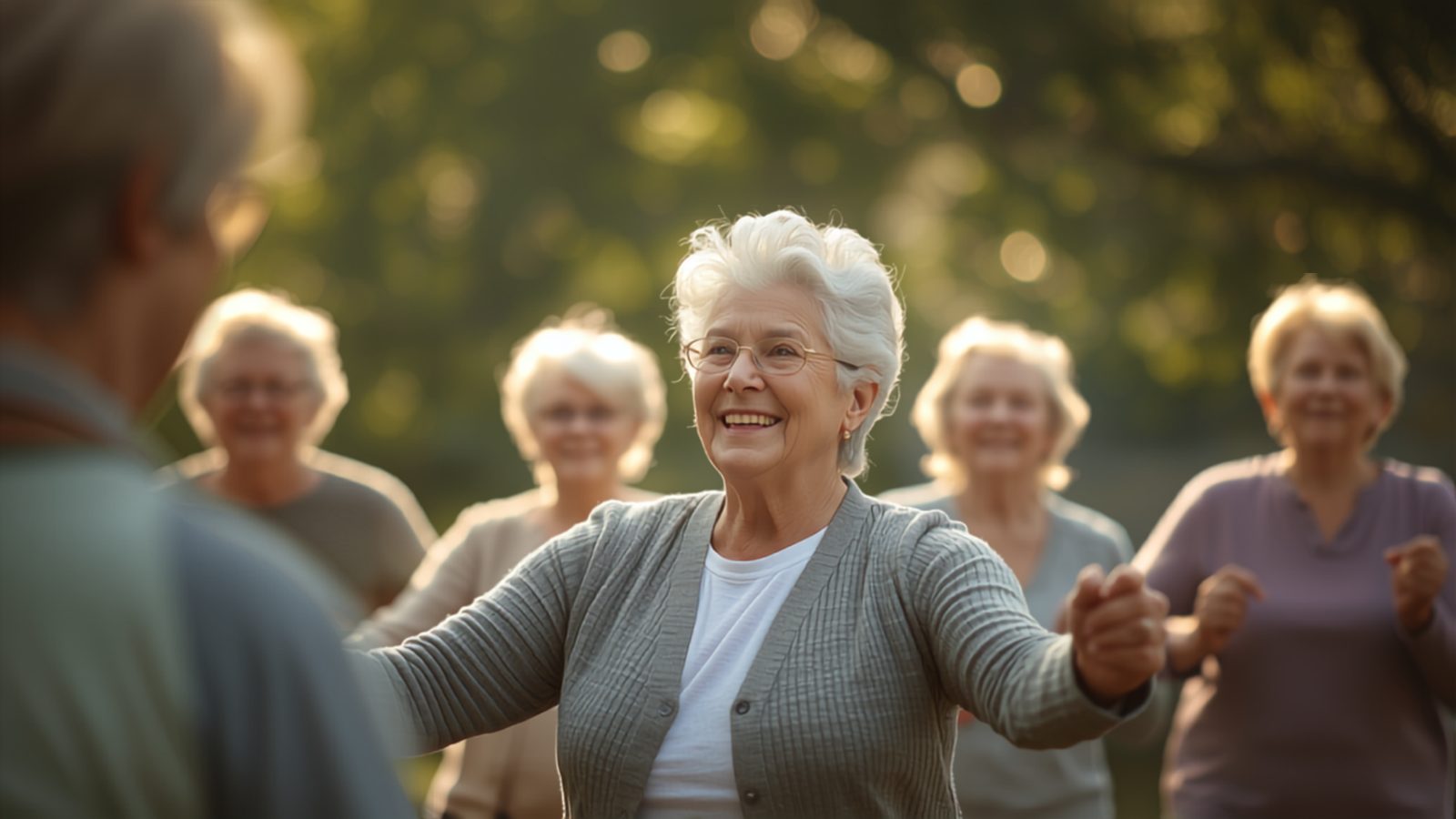 A group of older adults taking part in an outdoor group exercise class in warm morning light, representing a structured, socially supported lifestyle program