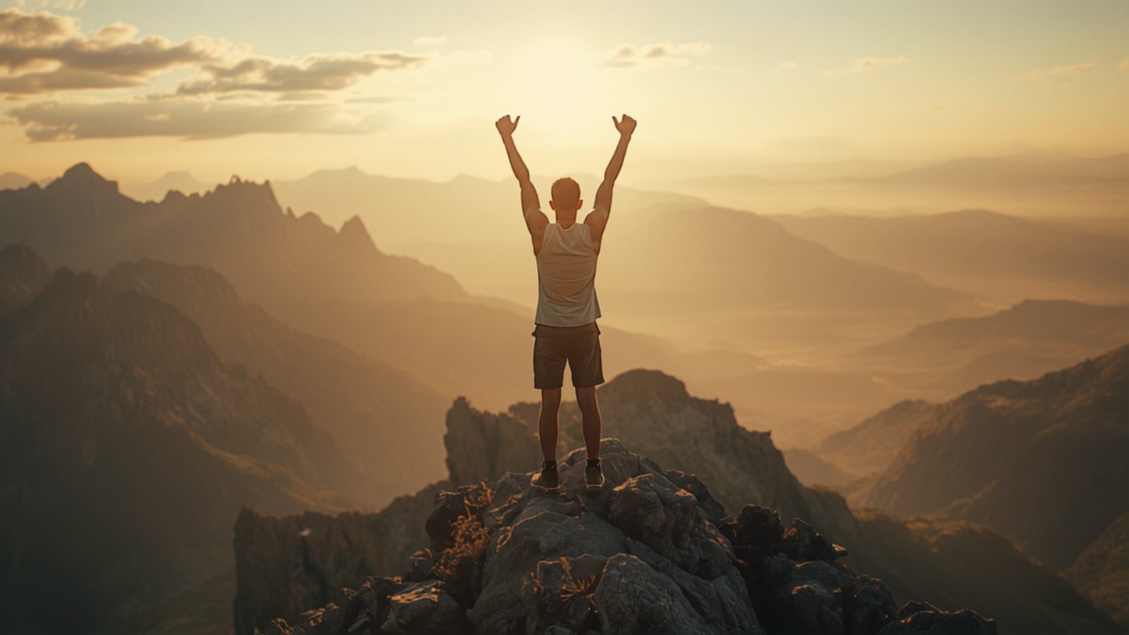 A person stands triumphantly on a mountain summit at sunrise with arms raised, representing sustained effort finally converting into a reward