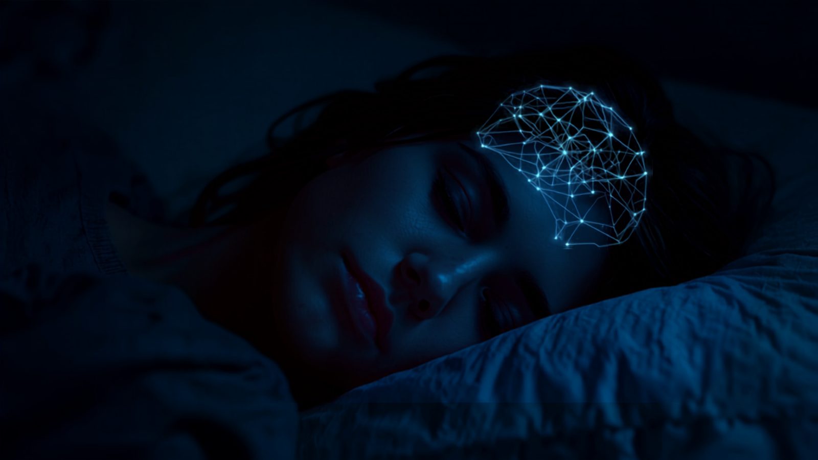 A person sleeps in a dark bedroom with a faint glowing web of blue neural network light overlaid across their head, representing the brain resetting its computational state during sleep
