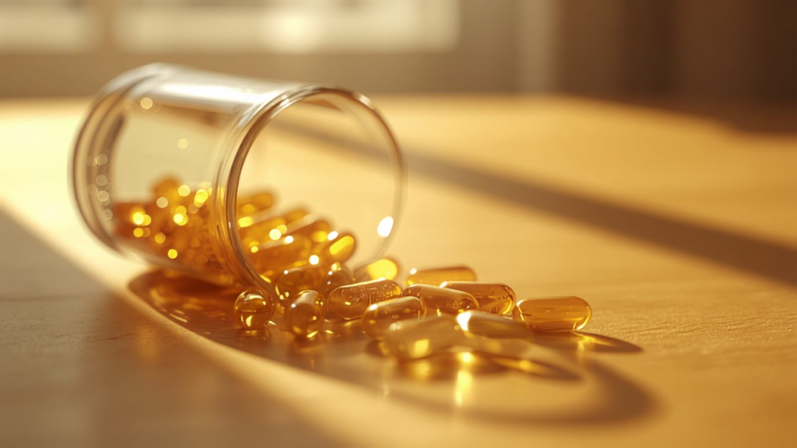 Amber softgel supplement capsules spilling from a glass jar onto a sunlit wooden table, representing daily vitamin D supplementation