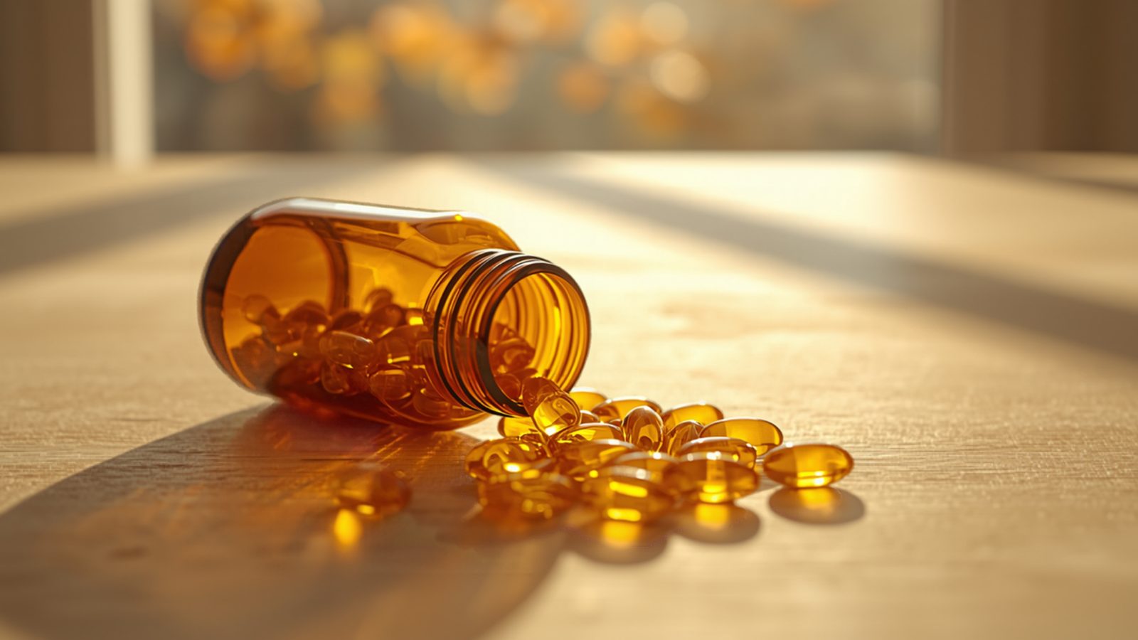 An amber glass supplement bottle tipped on its side on a sunlit wooden table, with golden soft-gel capsules spilling out and autumn leaves blurred through the window behind